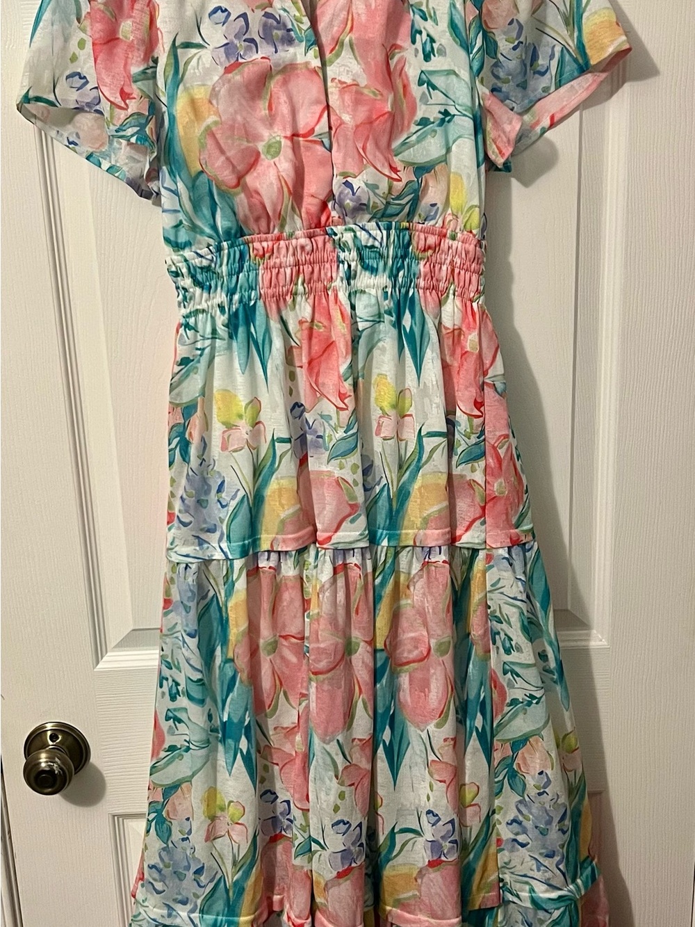 NWOT Floral Tiered Dress in bright Pink Teal &  White.Ott boutique brand. Small